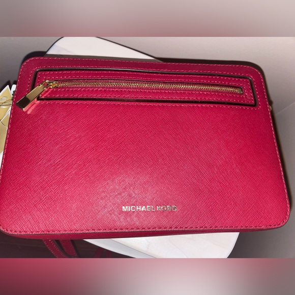Michael Kors LG Frame Out Item Cherry Red Cross Grain Leather Crossbody Bag - Picture 15 of 16